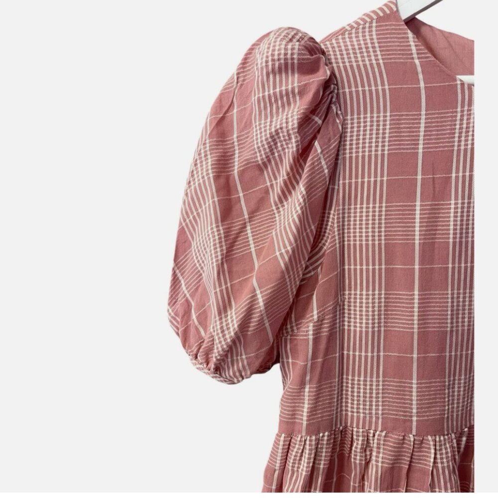 English Factory Pink Plaid Puff-Sleeve Tiered Midi Dress - Picture 4 of 8